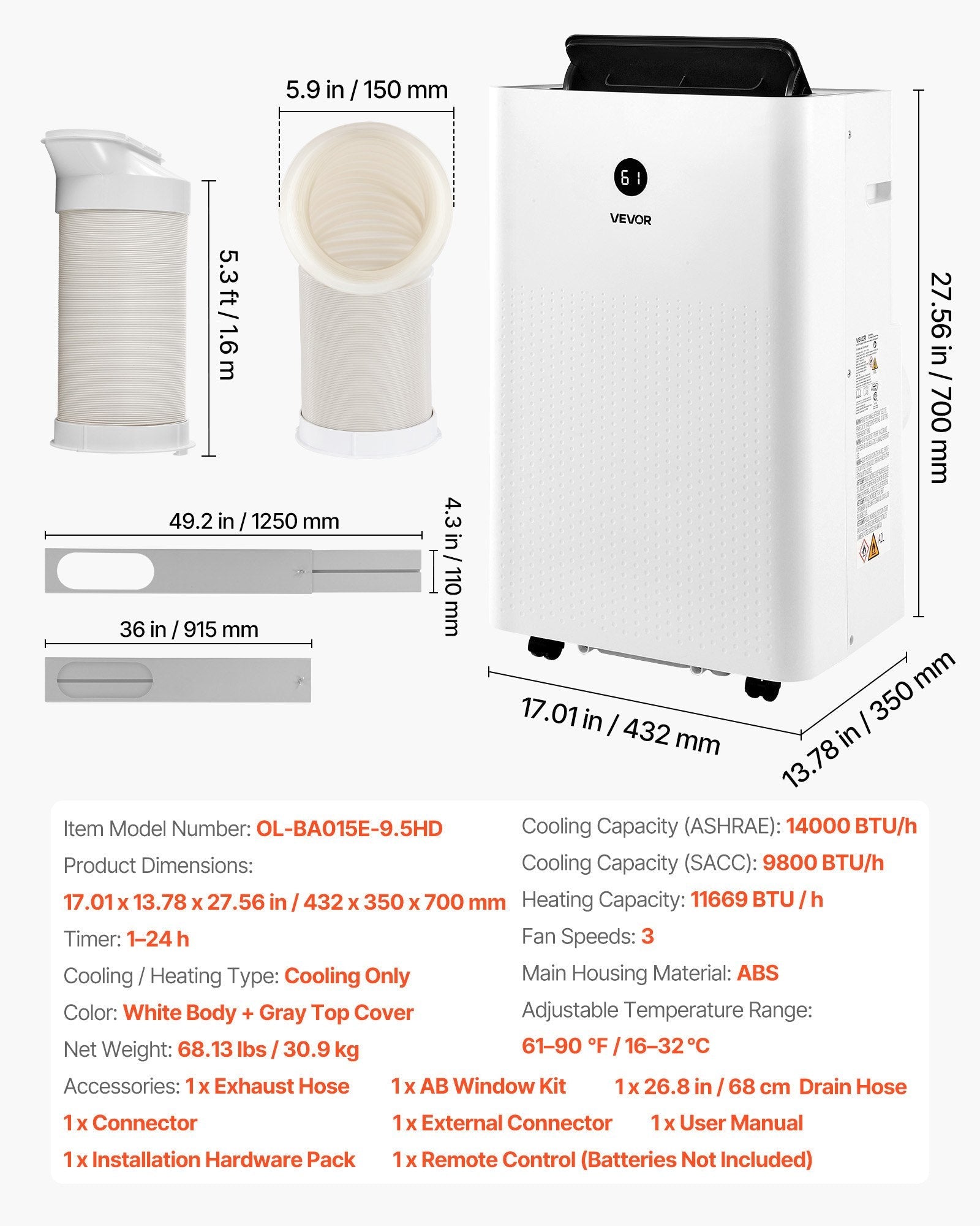 Vevor Portable Air Conditioner Heater Combo 14,000 BTU with LED Touch Panel Remote Control New