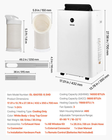 Vevor Portable Air Conditioner Heater Combo 14,000 BTU with LED Touch Panel Remote Control New