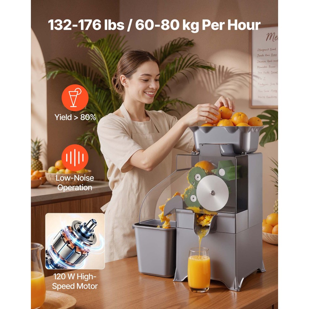 Vevor Commercial Orange Juicer Machine Slow Masticating Electric Citrus Extractor 100W with PC Cover New