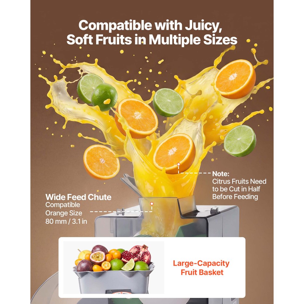 Vevor Commercial Orange Juicer Machine Slow Masticating Electric Citrus Extractor 100W with PC Cover New