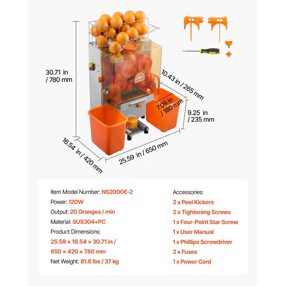 Vevor Juicer Commercial Orange Juicer Machine 120W Electric Orange Juice Press New