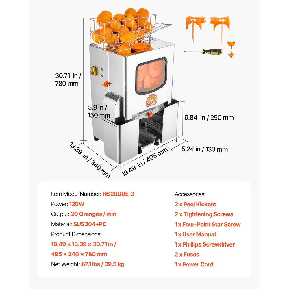 Vevor Orange Juicer Commercial Automatic Feed Press New