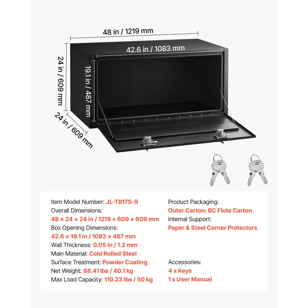 Vevor Underbody Truck Tool Box 48 x 24 x 24" Heavy Duty Steel Waterproof Black New