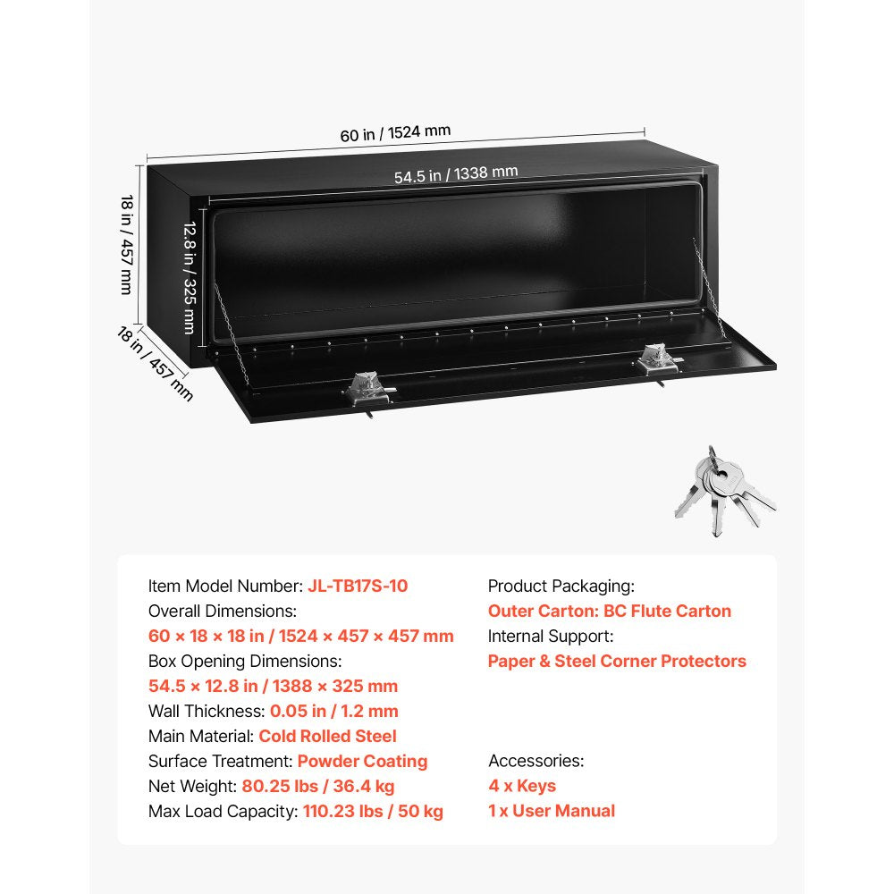 Vevor Underbody Truck Tool Box 60" x 18" x 18" Heavy Duty Steel Black New