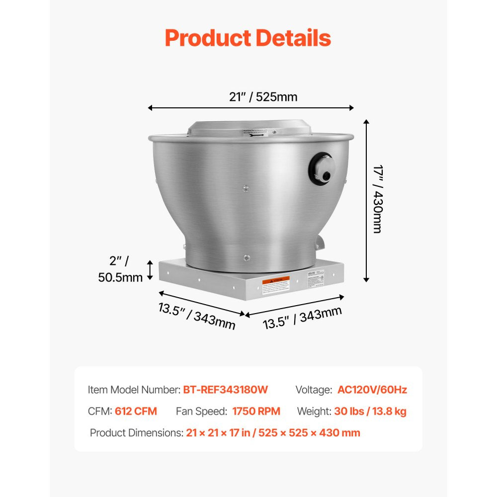 Vevor Exhaust Fan Commercial Kitchen 612 CFM Direct Drive Hood Vent New