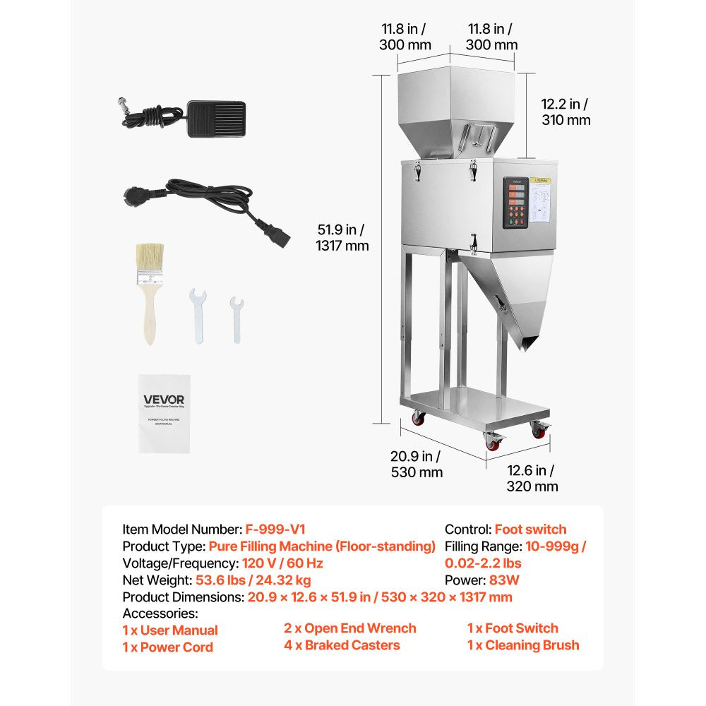 Vevor Powder Filling Machine Automatic Particle Dispenser Stainless Steel 10-999g Floor-Standing New
