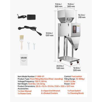 Vevor Powder Filling Machine Automatic Particle Dispenser Stainless Steel 10-999g Floor-Standing New