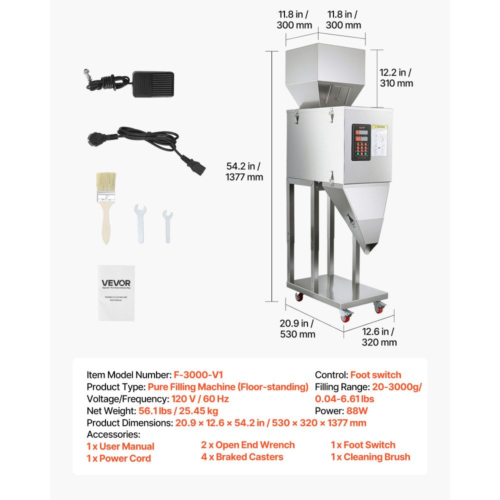 Vevor Powder Filling Machine Automatic Particle Dispenser 20-3000g Floor-Standing New