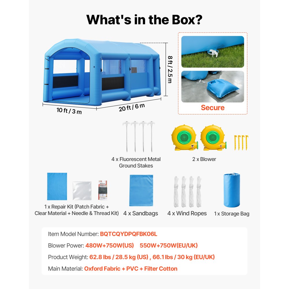 Vevor Inflatable Paint Booth Portable Spray Booth with Changing Area 20' x 10' x 8' Blue New