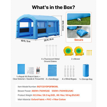 Vevor Inflatable Paint Booth Portable Spray Booth with Changing Area 20' x 10' x 8' Blue New