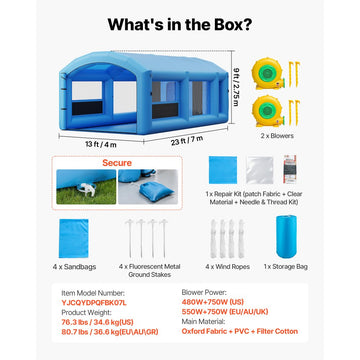 Vevor Inflatable Paint Booth 23' x 13' x 9' Portable Spray Booth with Changing Area Blue New