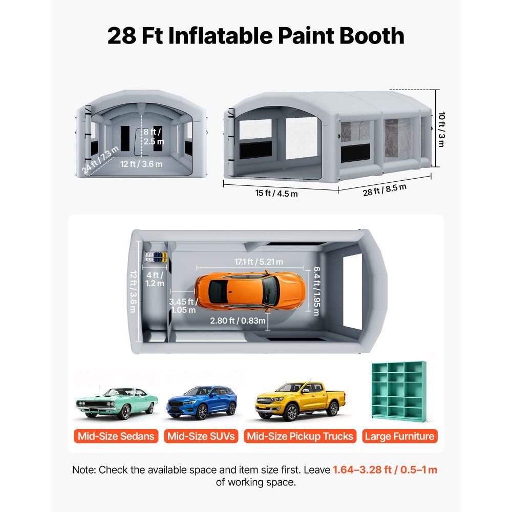Vevor Inflatable Paint Booth 28' x 15' x 10' Portable Spray Booth with Dual Blowers Gray New