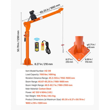 Vevor Pickup Truck Crane Electric 1100 lbs Foldable Jib Hoist New