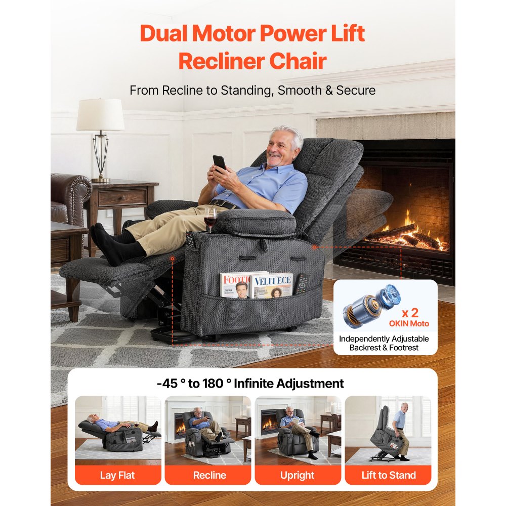 Vevor Recliner Chair Power Lift Dual Motor Heat Massage Dark Gray New
