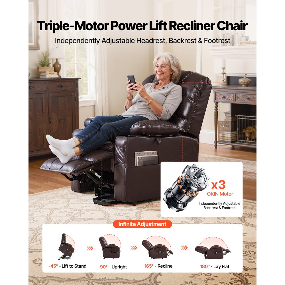 Vevor Recliner Chair Power Lift Triple-Motor Heat & Massage Brown New