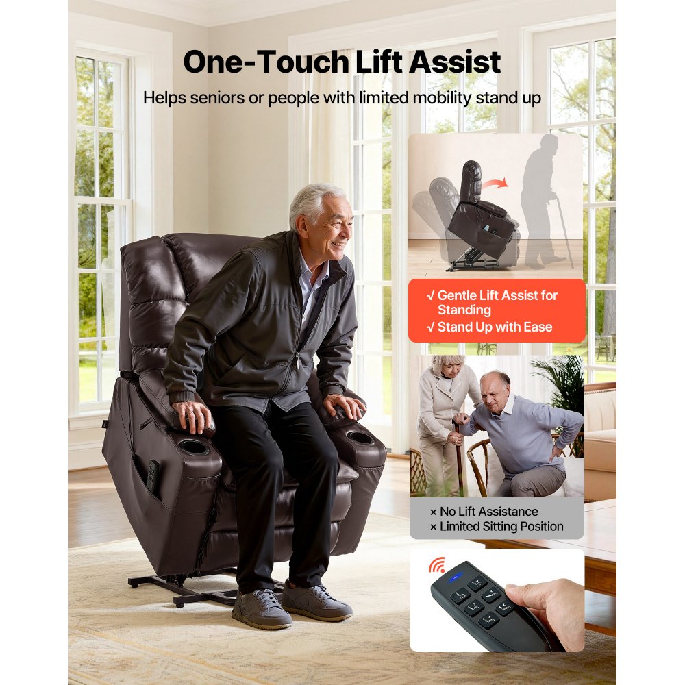 Vevor Recliner Chair Power Lift Triple-Motor Heat & Massage Brown New