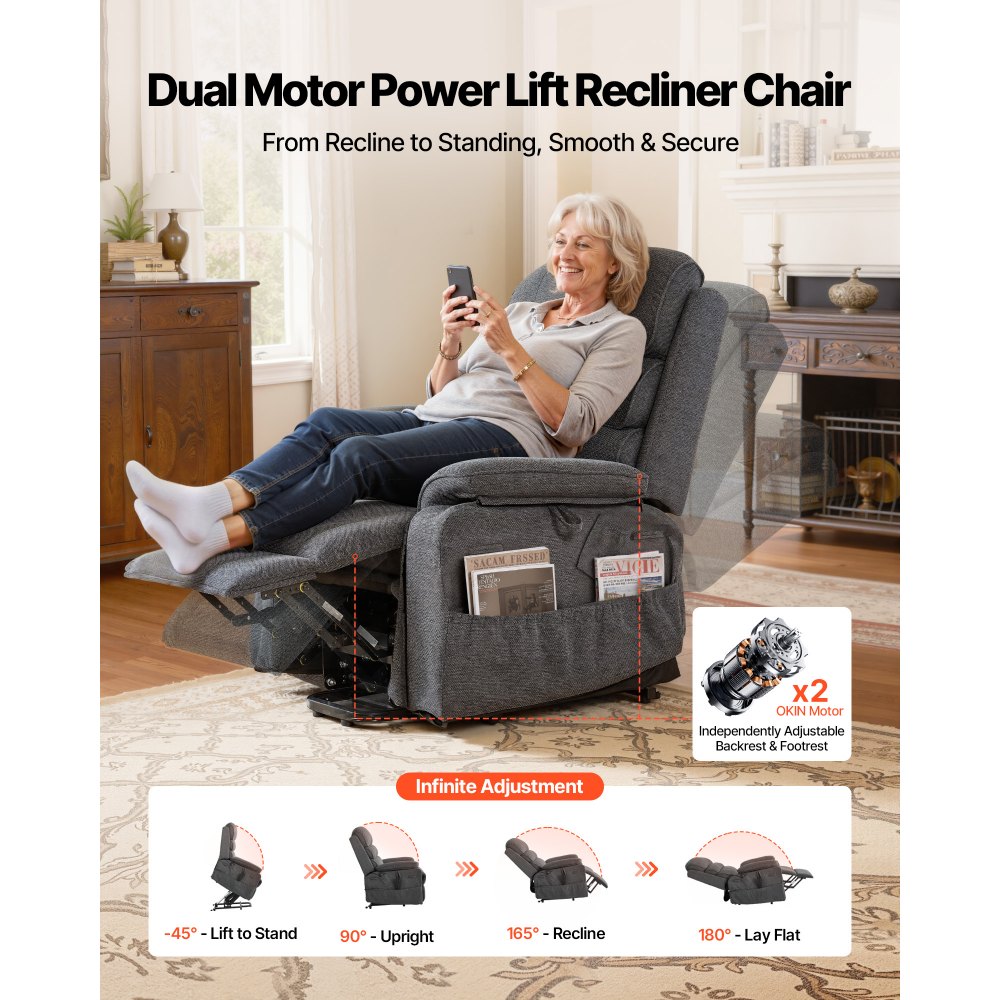 Vevor Recliner Chair Power Lift Dual Motor Heat Massage Dark Gray New