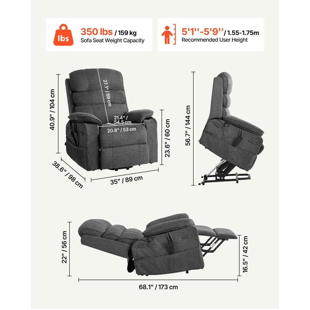Vevor Recliner Chair Power Lift Dual Motor Heat Massage Dark Gray New