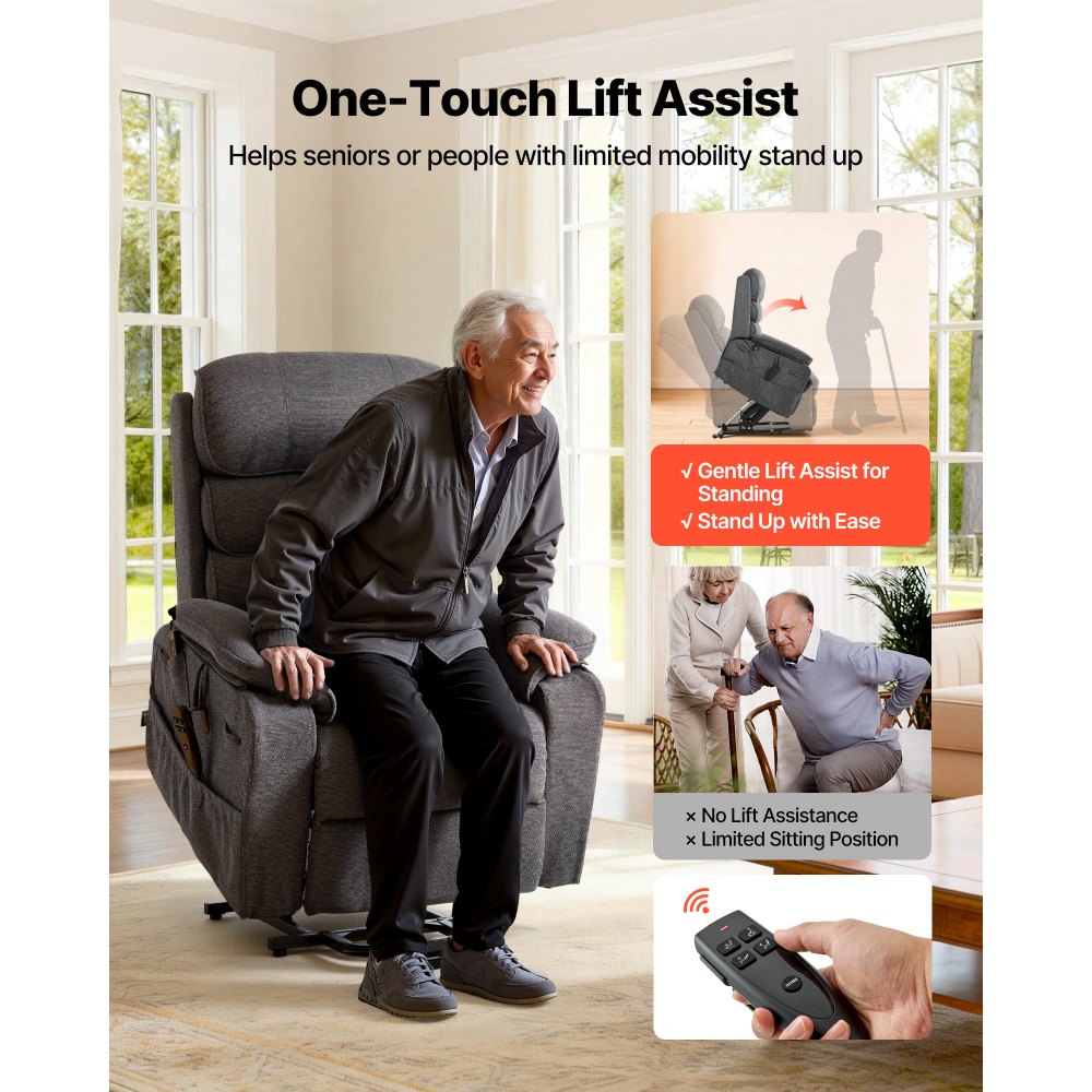 Vevor Recliner Chair Power Lift Dual Motor Heat Massage Dark Gray New