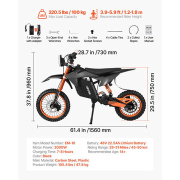 Vevor Electric Dirt Bike Off-Road Motorcycle 2000W 31 MPH 31-Mile Range New