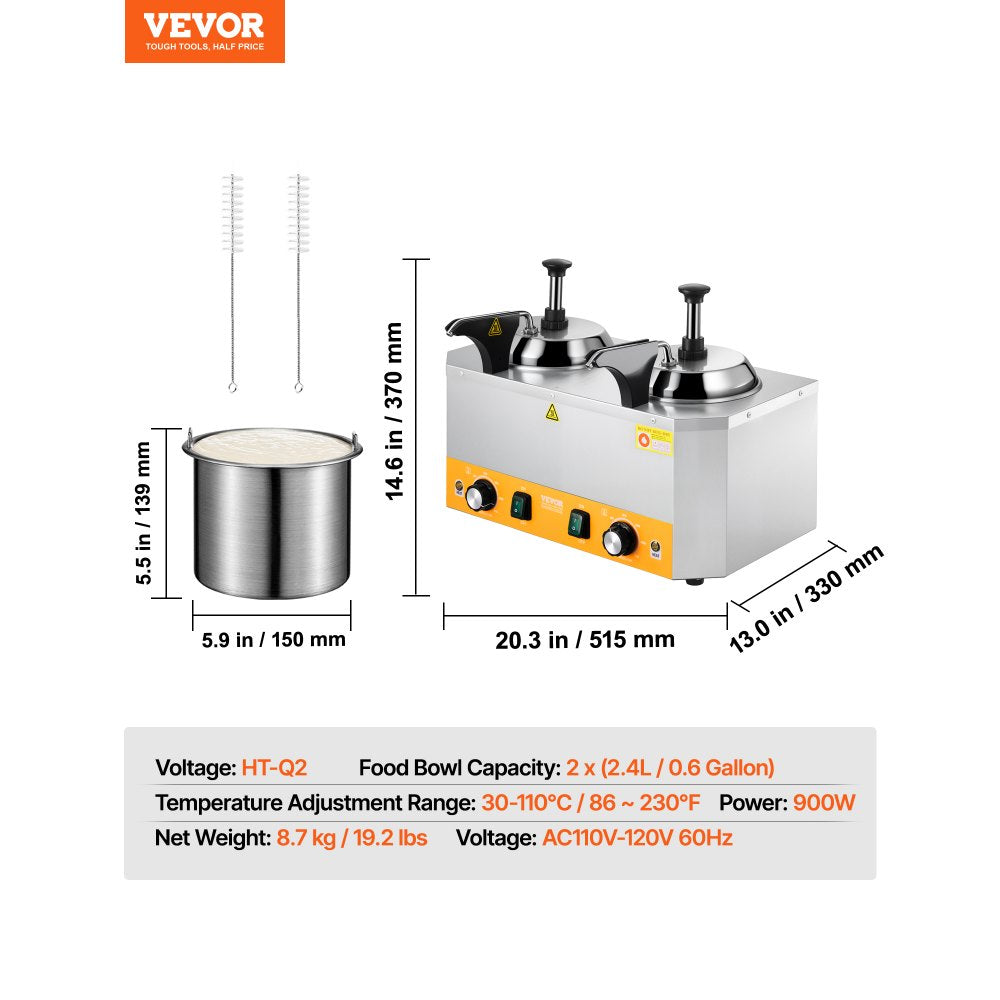 Vevor Cheese Dispenser Commercial Hot Fudge Warmer Double Pump 2.4 x 2 L New