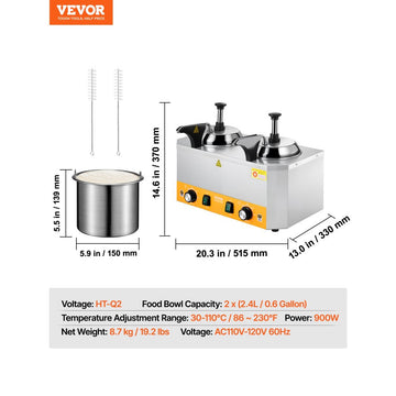Vevor Cheese Dispenser Commercial Hot Fudge Warmer Double Pump 2.4 x 2 L New