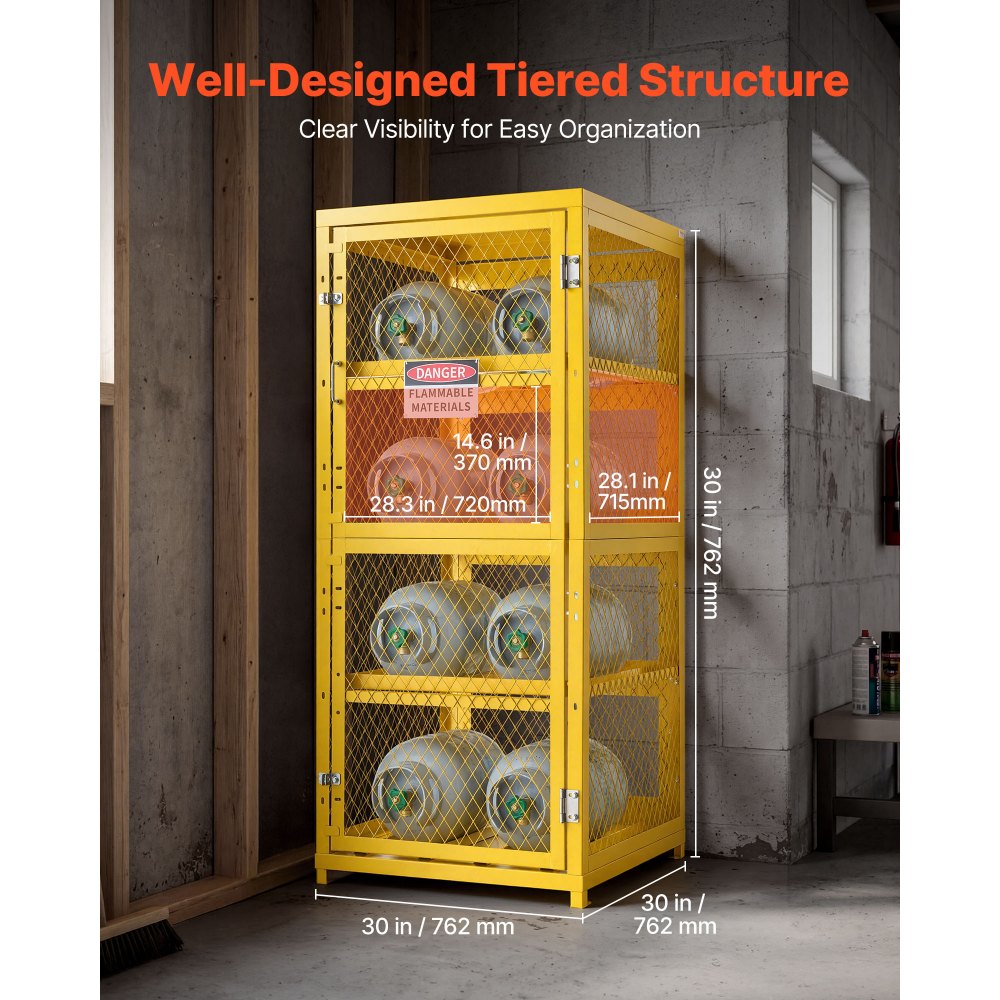 Vevor Cylinder Storage Cabinet 30" x 30" x 70.3" 8-Cylinder 4-Tier Yellow Carbon Steel New