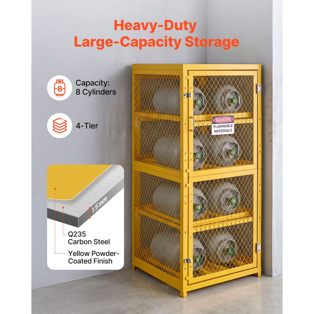 Vevor Cylinder Storage Cabinet 30" x 30" x 70.3" 8-Cylinder 4-Tier Yellow Carbon Steel New
