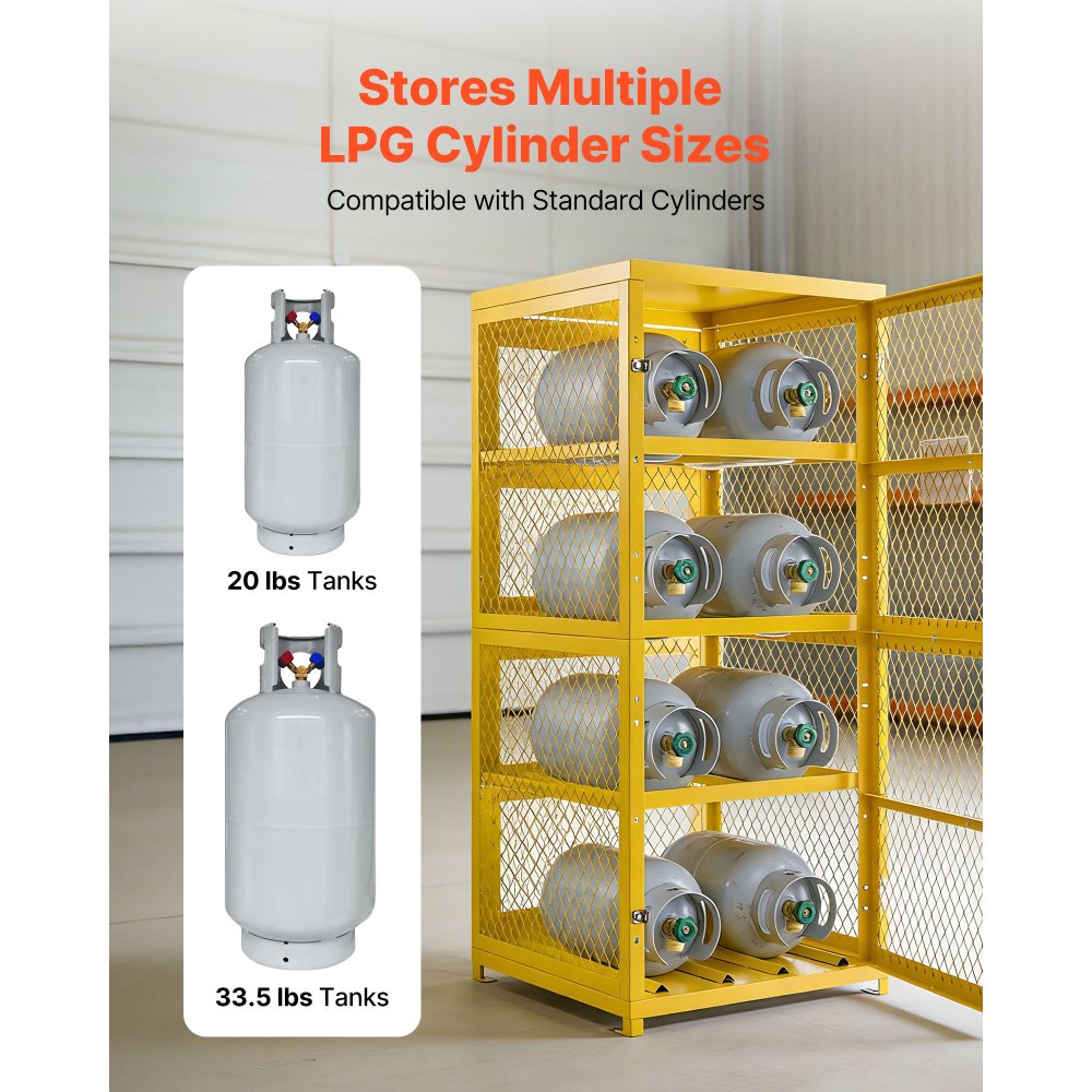 Vevor Cylinder Storage Cabinet 30" x 30" x 70.3" 8-Cylinder 4-Tier Yellow Carbon Steel New