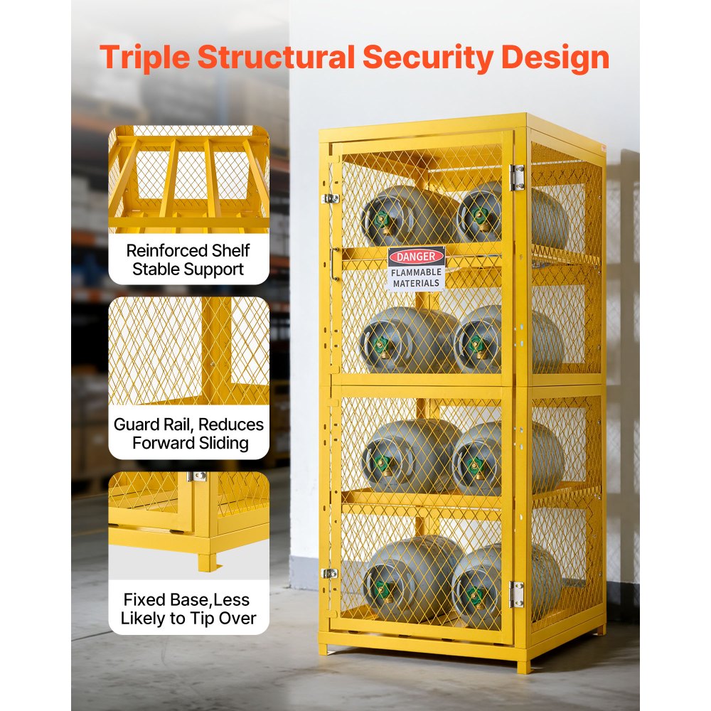 Vevor Cylinder Storage Cabinet 30" x 30" x 70.3" 8-Cylinder 4-Tier Yellow Carbon Steel New