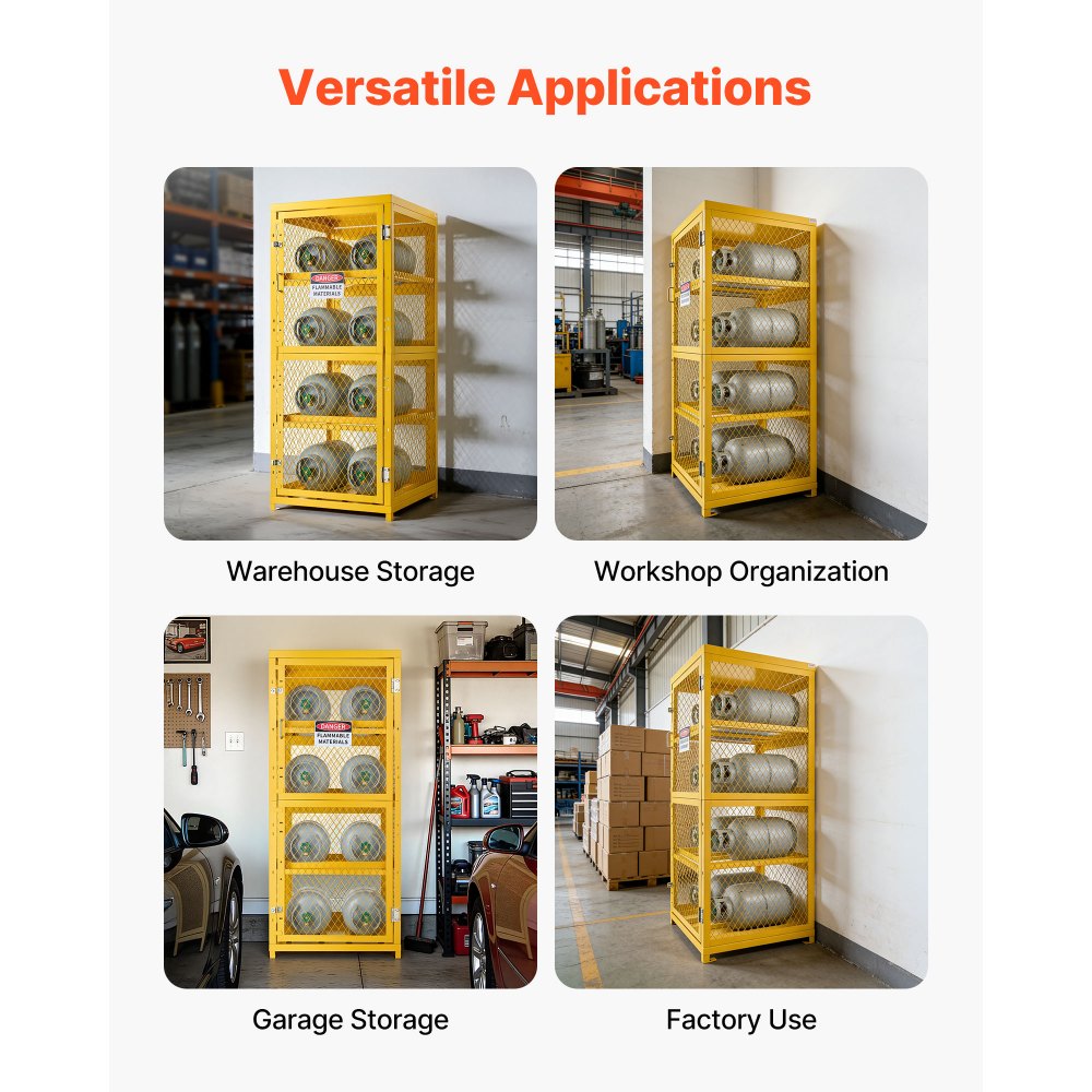 Vevor Cylinder Storage Cabinet 30" x 30" x 70.3" 8-Cylinder 4-Tier Yellow Carbon Steel New