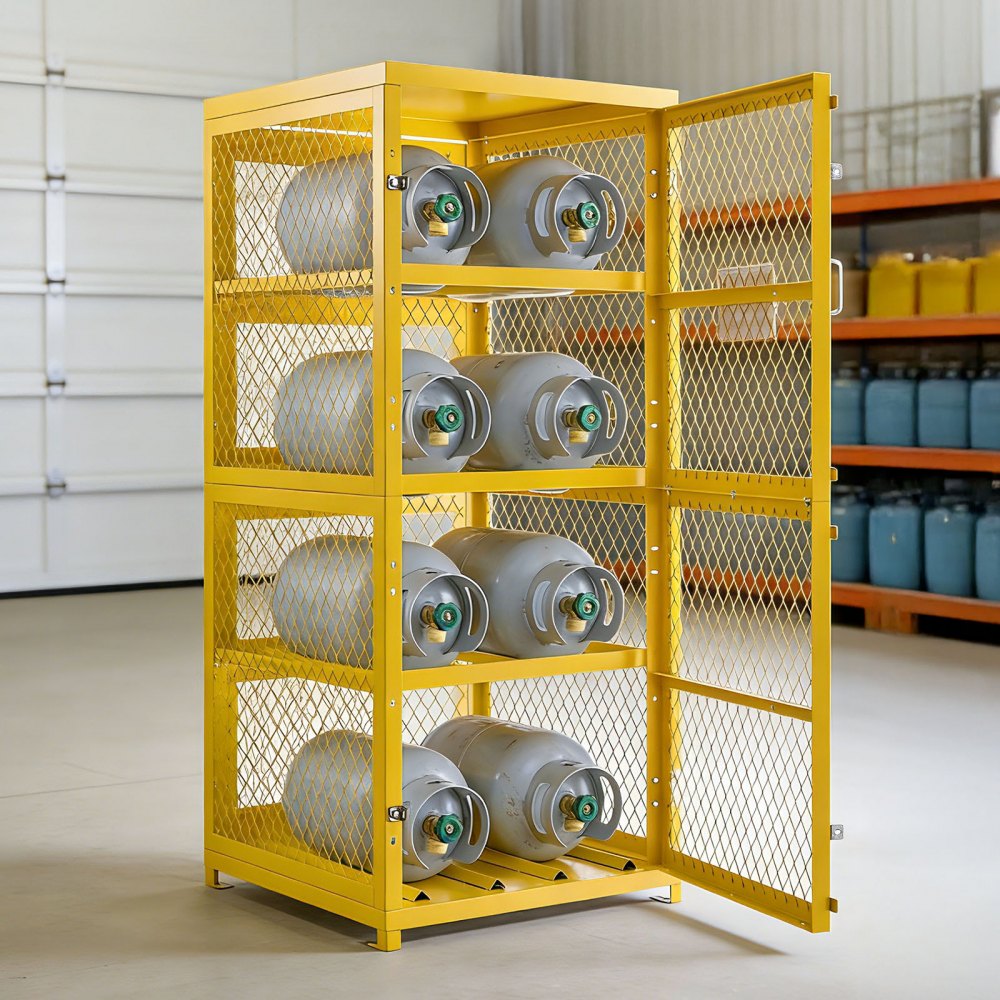 Vevor Cylinder Storage Cabinet 30" x 30" x 70.3" 8-Cylinder 4-Tier Yellow Carbon Steel New
