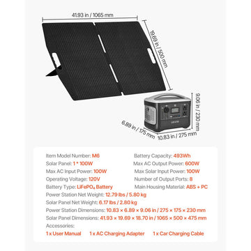 Vevor Portable Power Station 600W 493Wh with 100W Solar Panel New