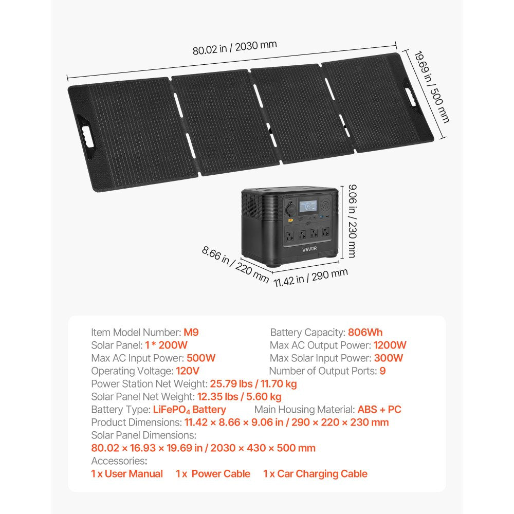 Vevor Portable Power Station 1200W 806Wh with 200W Solar Panel New