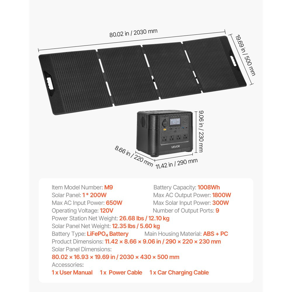Vevor Portable Power Station 1800W 1008Wh with 200W Solar Panel New