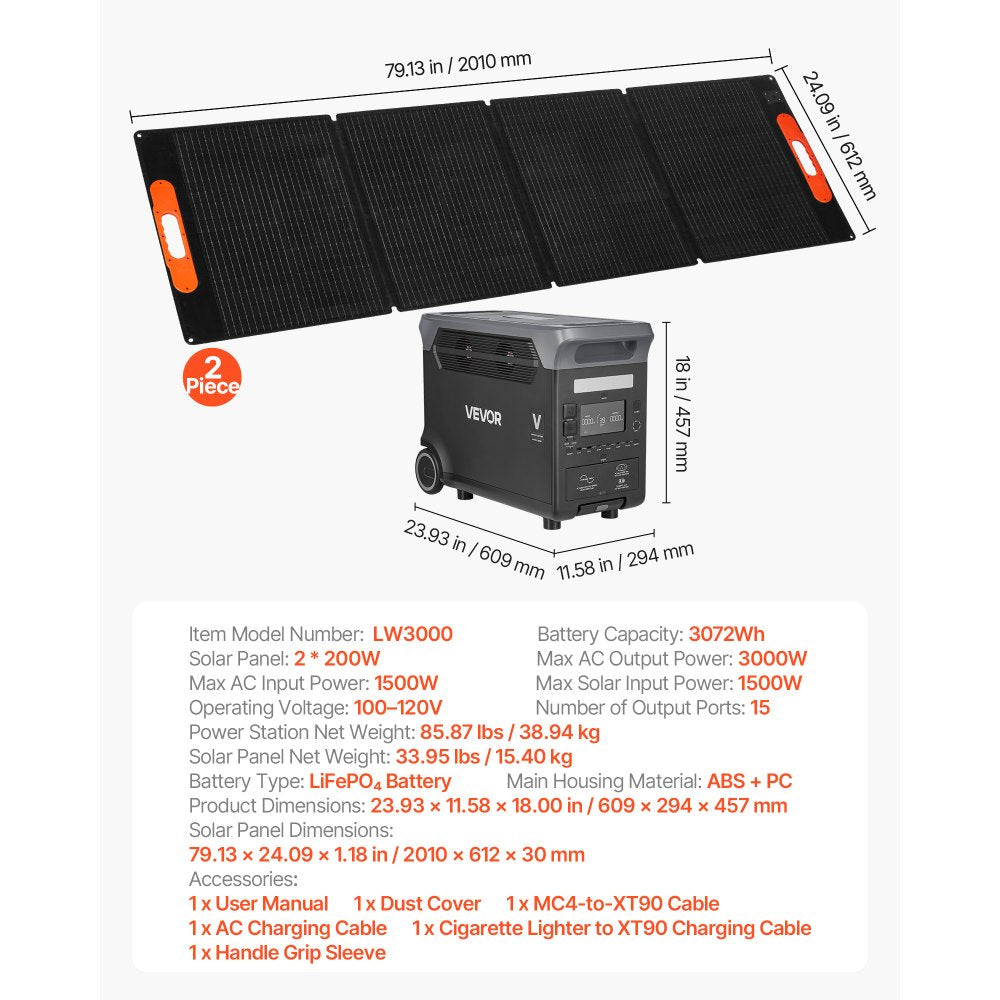 Vevor Portable Power Station 3000W 3072Wh Solar Generator with 2 200W Solar Panels New