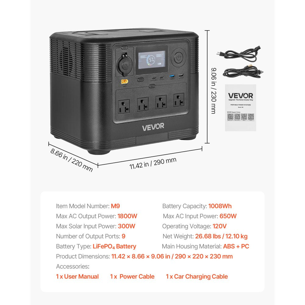 Vevor Portable Power Station 1800W 1008Wh LiFePO4 Battery Backup New