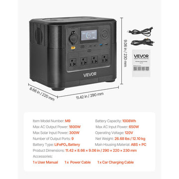 Vevor Portable Power Station 1800W 1008Wh LiFePO4 Battery Backup New