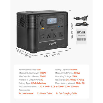 Vevor Portable Power Station 1200W 806Wh LiFePO4 Battery Backup New