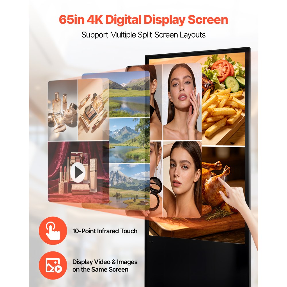 Vevor Digital Signage Display 65" 4K Floor Stand Touchscreen Advertising Kiosk New