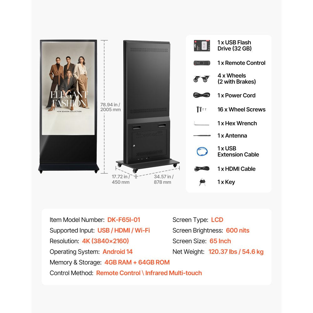 Vevor Digital Signage Display 65" 4K Floor Stand Touchscreen Advertising Kiosk New
