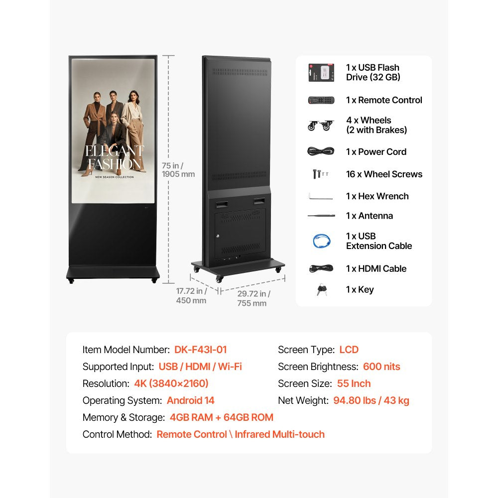 Vevor Digital Kiosk 55" Indoor 4K Touchscreen Signage Display New