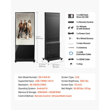 Vevor Digital Kiosk 55" Indoor 4K Touchscreen Signage Display New