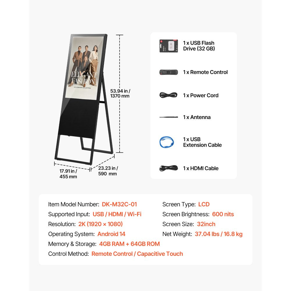 Vevor Digital Signage Kiosk 32" Indoor Floor Standing Touchscreen Advertising Display New