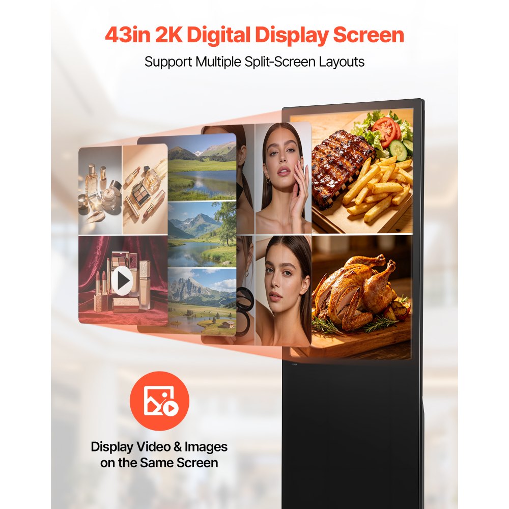 Vevor Digital Signage Floor Standing Advertising Display Kiosk 43" Indoor LCD WiFi HDMI USB Android 14 Non-Touch New