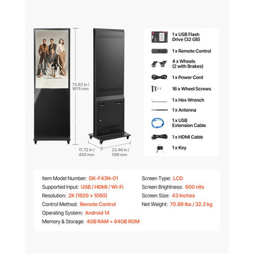 Vevor Digital Signage Floor Standing Advertising Display Kiosk 43" Indoor LCD WiFi HDMI USB Android 14 Non-Touch New