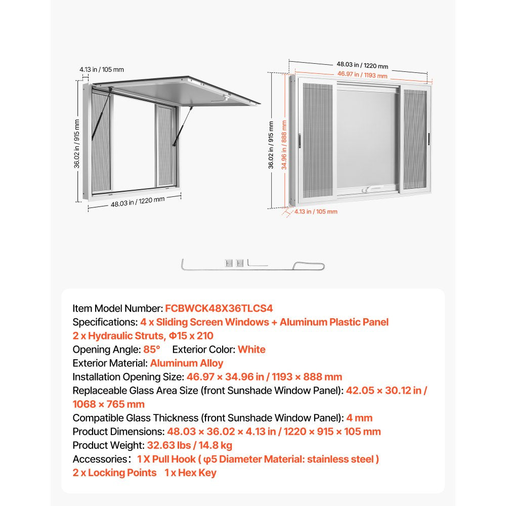 Vevor Concession Window 48" x 36" Food Truck Service Window with 4 Sliding Screen Windows New