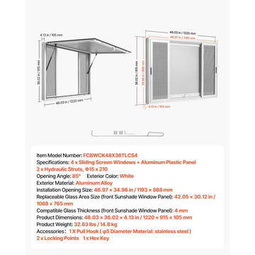 Vevor Concession Window 48" x 36" Food Truck Service Window with 4 Sliding Screen Windows New