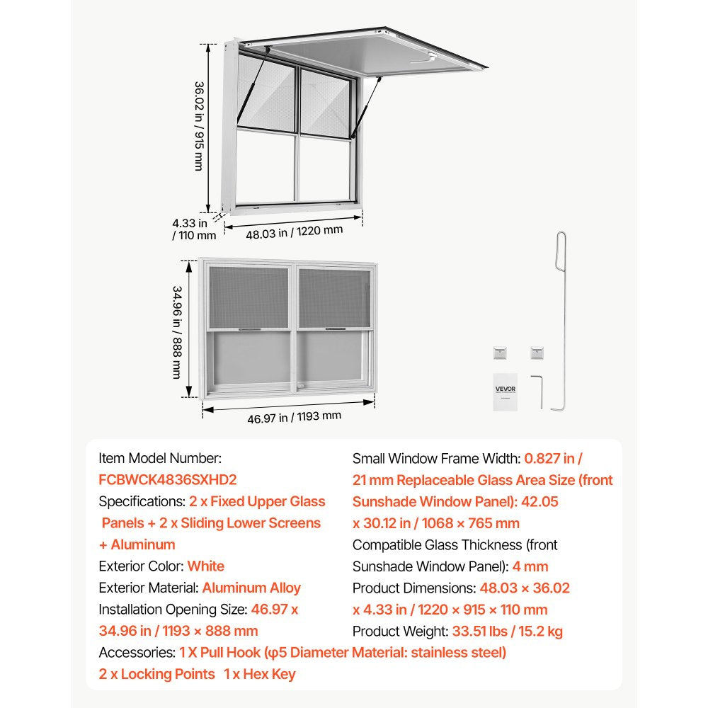 Vevor Concession Window 48" x 36" Aluminum Alloy Service Window New