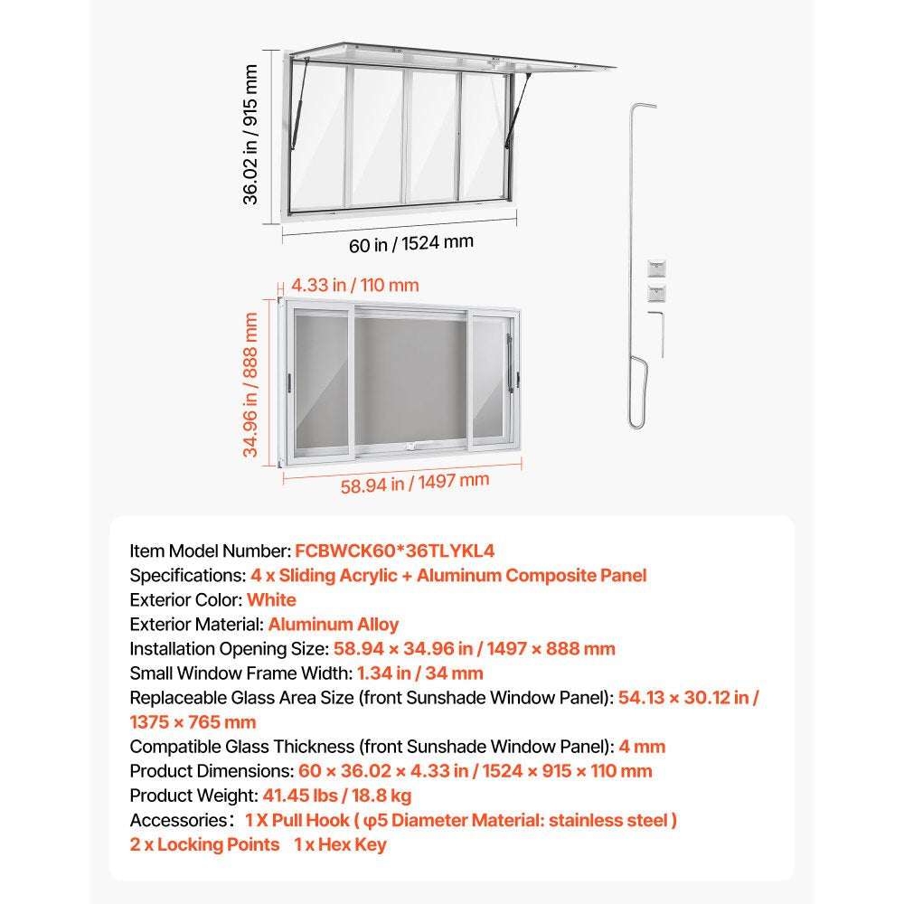 Vevor Concession Window 60" x 36" Aluminum Alloy Service Window for Food Truck with 4 Sliding Acrylic Windows New